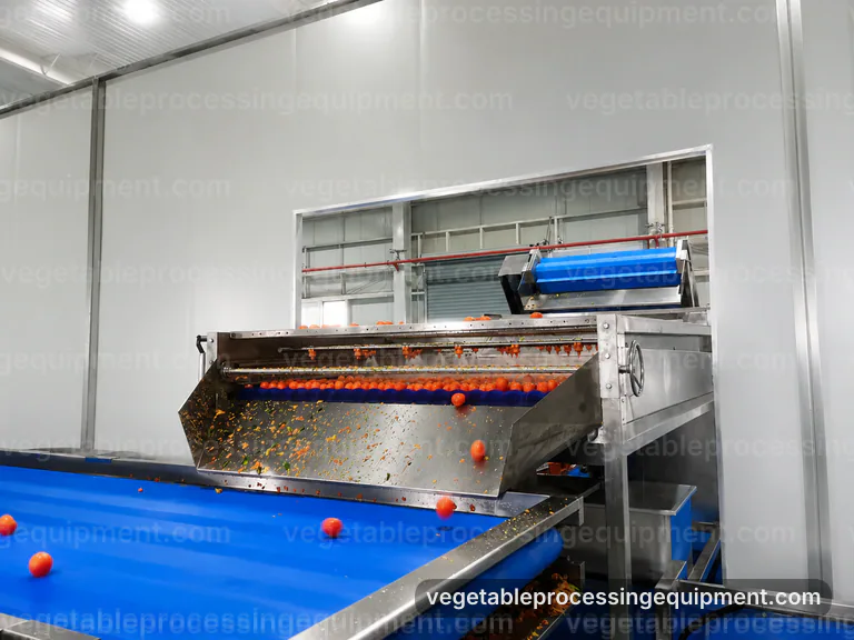 industrial vegetable processing equipment set, hygienic design: soil load and product route selection connection view