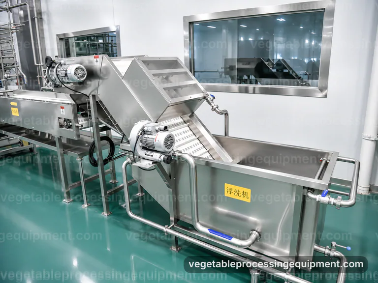 industrial vegetable processing equipment set, plant integration: washers cutters and treatment modules connection view