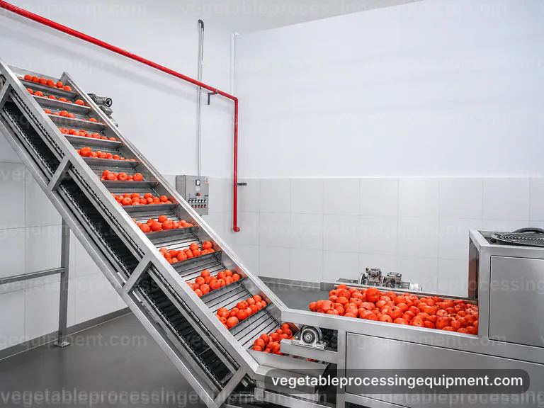 industrial vegetable processing equipment set, feed and output handling: soil load and product route selection connection view
