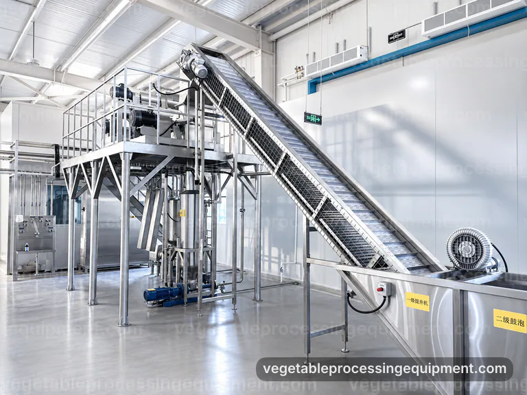 industrial vegetable processing equipment set, process sequence: washers cutters and treatment modules connection view